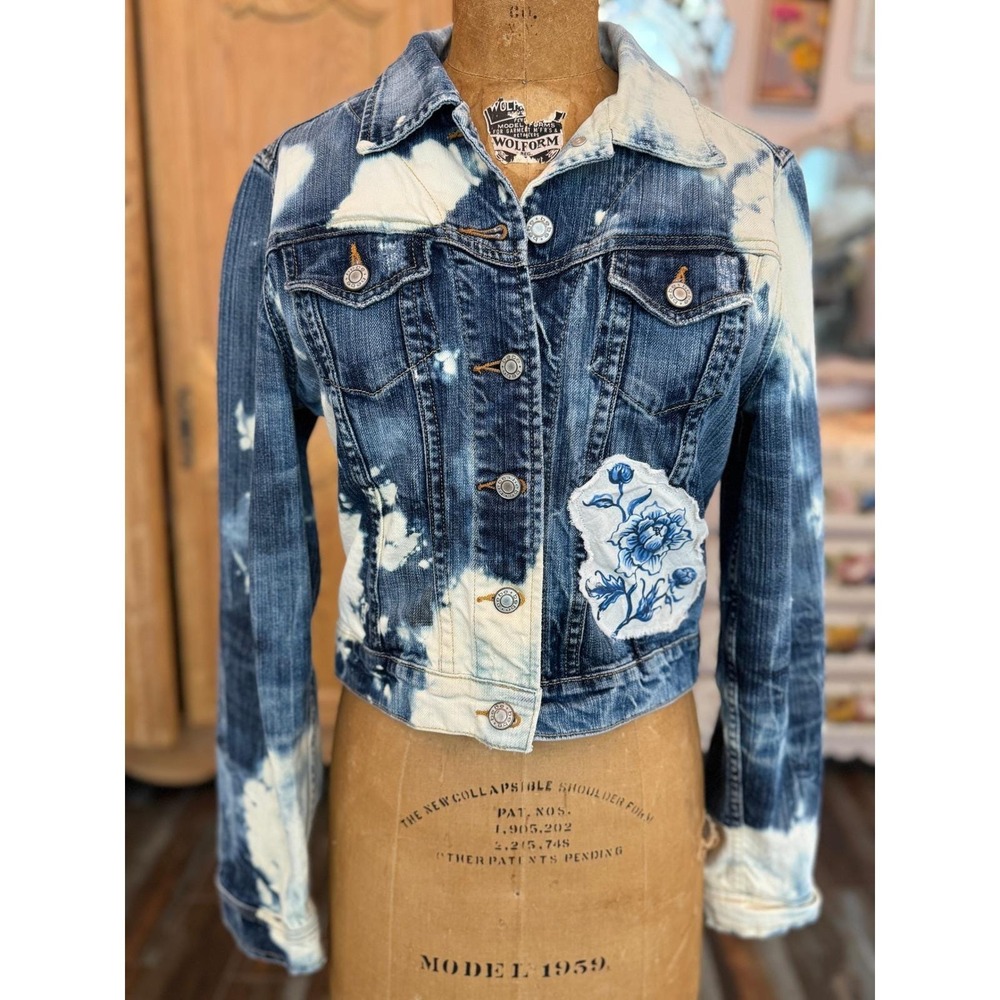 Distressed/Upcycled Denim Jacket| Vintage Teacup Patchwork| Soft Grunge| Medium - Picture 5 of 6